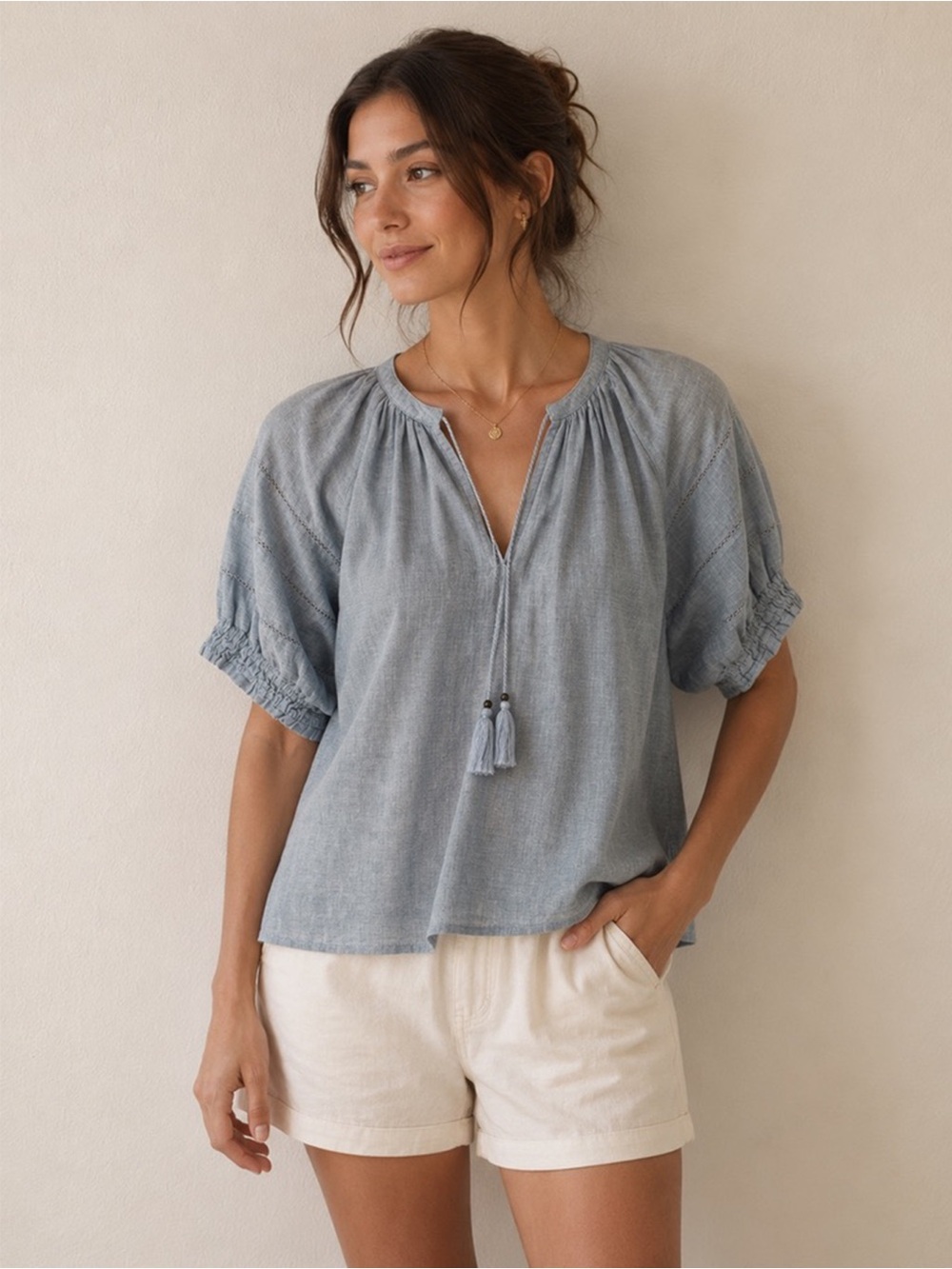 Sundays - Cotton Peasant Blouse - Chambray Blue